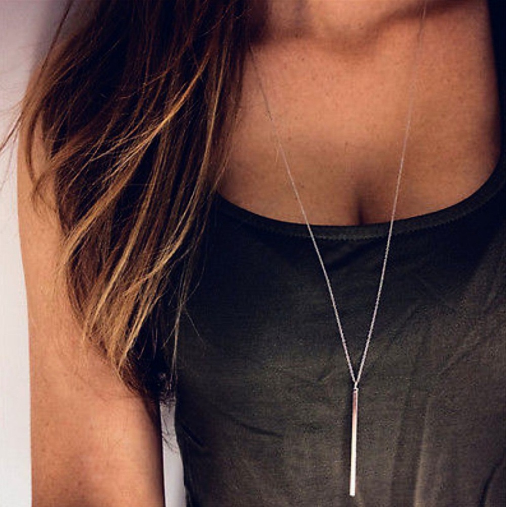 New Boho Silver Bar Drop Necklace